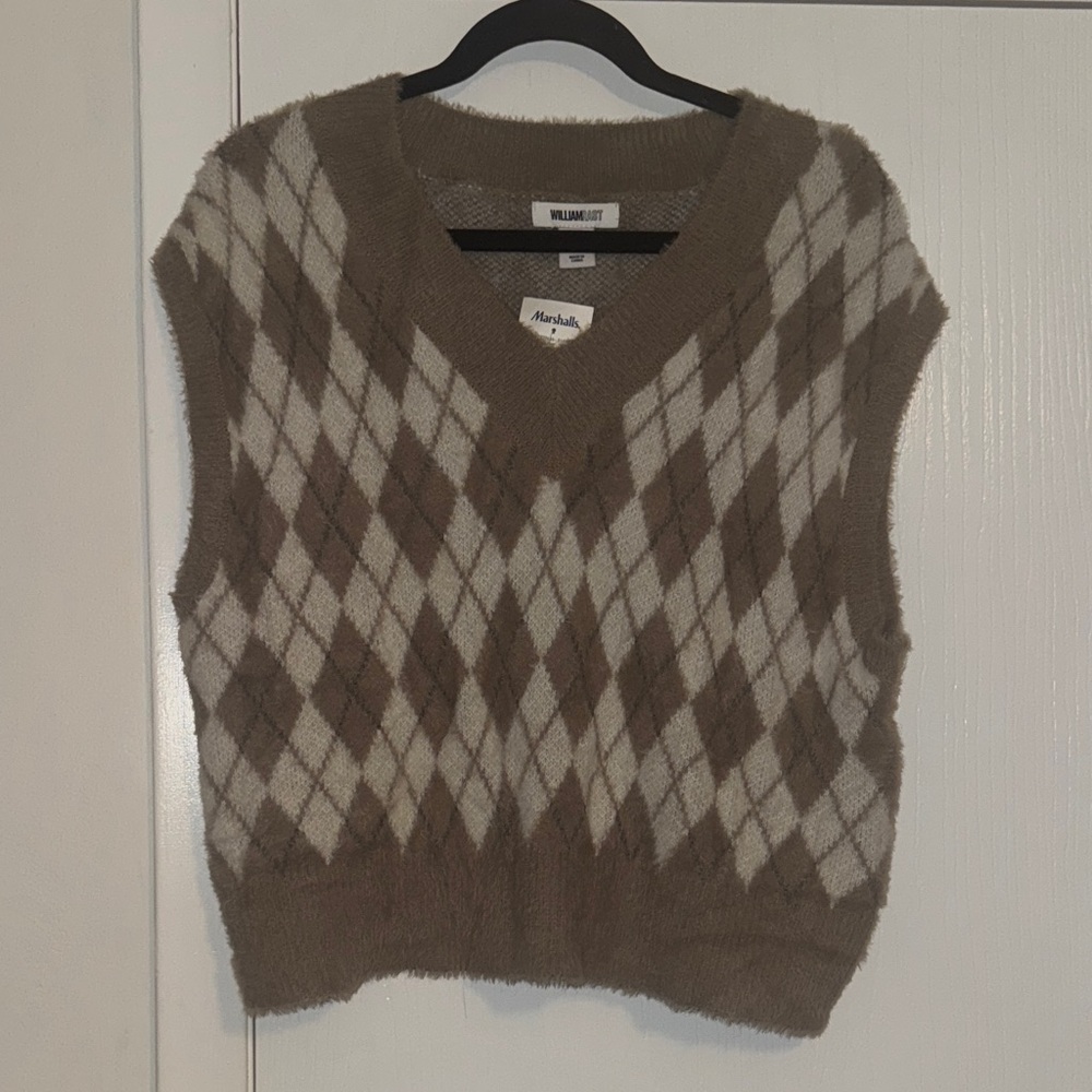William Rast Tan and Cream Argyle V-Neck Sweater Vest